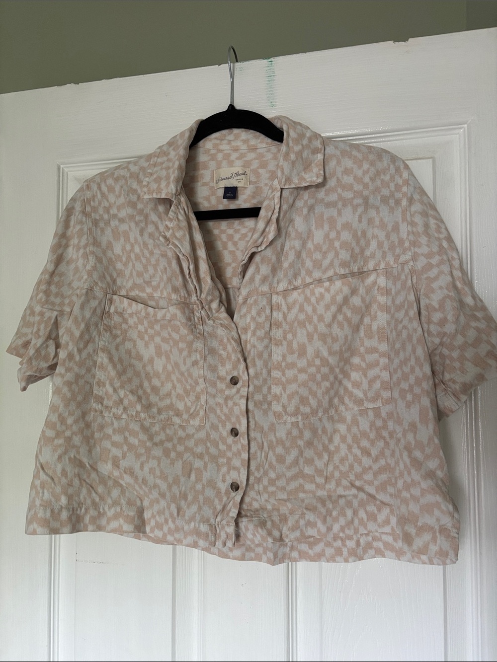Linen-blend Patterned Short Sleeve Button-Front Shirt
